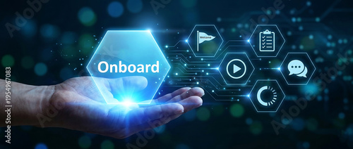 Hand holding digital onboarding hexagon interface with business icons for employee training and new hire integration