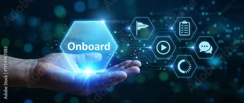 Panel kuchenny z motywem Hand holding digital onboarding hexagon interface with business icons for employee training and new hire integration