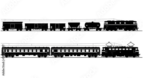 Black silhouette profile view of a freight train and a passenger train with multiple rail cars