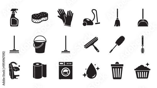 Icon set of common household cleaning tools and supplies