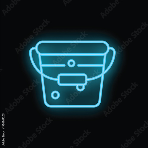 Glowing neon blue icon of a bucket, isolated on a black background