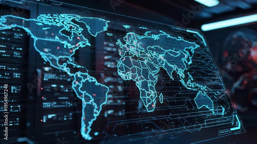 Global war effect displayed on a digital world map screen with data and statistics in a futuristic control room environment.