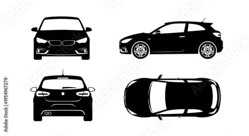 Black silhouette of a modern compact hatchback vehicle shown from four different viewing angles