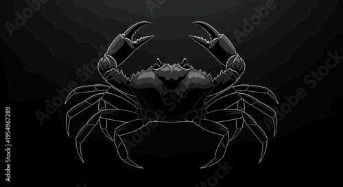 A stylized artistic illustration of a crab with large pincers raised in a defensive display pose