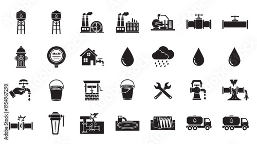 Comprehensive icons depicting various aspects of water infrastructure and management