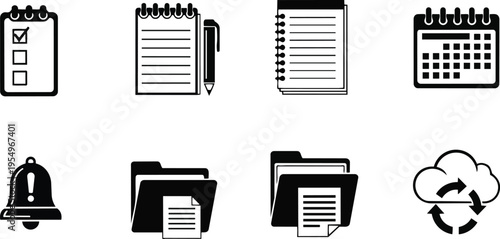Minimalist line art top view office icons checklist notebook calendar bell folder cloud sync set for coloring book with bold outlines for tracing simple children activity