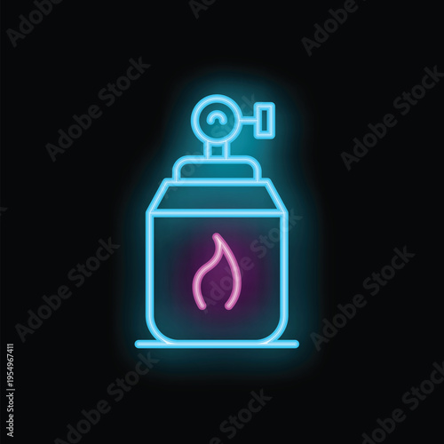 Bright glowing neon icon of a gas cylinder with a burning flame, perfect for designs related to camping, cooking, or energy