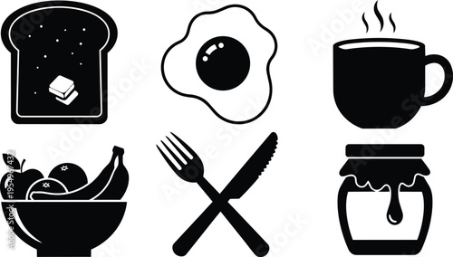 Black and white vector art breakfast icons buttered toast fried egg coffee cup fruit bowl crossed cutlery jam jar for a coloring book printable page simple