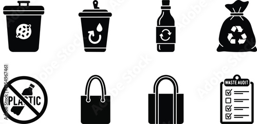 Minimalist black line vector icons recycling and plastic free set for coloring book page featuring trash bins bottles bags reusable tote checklist in simple outline style