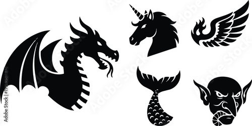 Bold black fantasy creature silhouettes for coloring book dragon unicorn mermaid tail winged flame goblin head detailed line art coloring page simple outlines contrast scalable vector