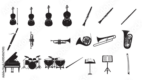 Diverse collection of musical instruments and performance accessories in black and white