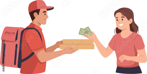 A smiling pizza delivery person gives food boxes to a happy woman exchanging money for her order