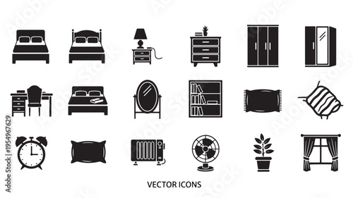Collection of black and white vector icons representing bedroom and home furnishings