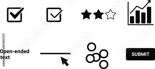 Flat design survey icons close up checkboxes stars bar chart cursor and submit button for coloring book simple outline worksheet minimal bold stroke isolated black vector