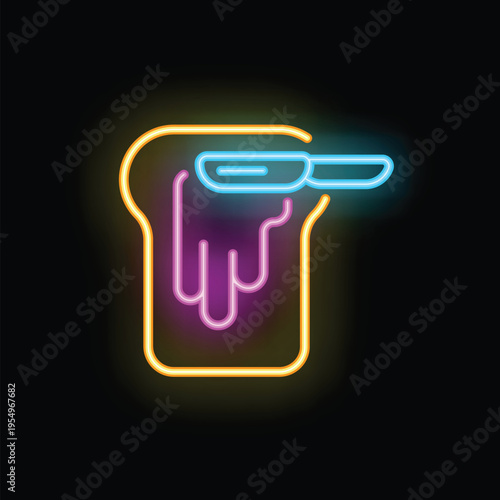 Colorful neon sign representing spreading butter or jam on a toast with a knife, on black background