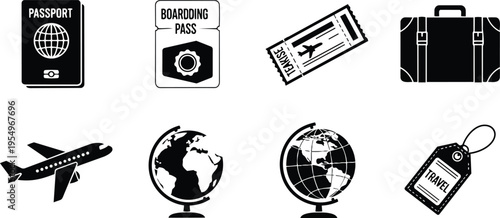 Flat vector travel icons passport boarding pass plane globe suitcase ticket luggage tag arranged for coloring book simple line art outlines bold isolated black white printable