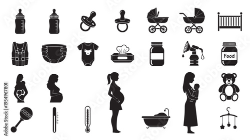 Comprehensive icons representing baby and parenting essentials