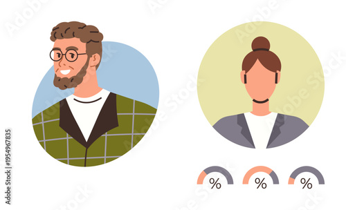 Digital identity, social media, analytics, user profile, demographics, communication tools. Male and female avatars in circular frames with percentage indicators. Digital identity and social media