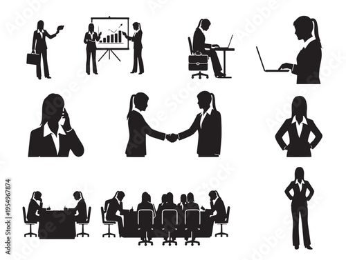 A set of business people in various professional situations