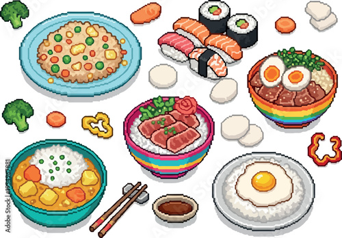 A vibrant pixel art collection of delicious Japanese and Asian cuisine, showcasing sushi, curry, rice dishes, and more, perfect for food enthusiasts and culinary art lovers