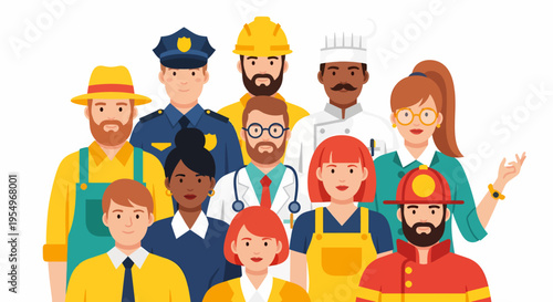 A diverse group of people from different professions standing together, representing various occupations and industries.