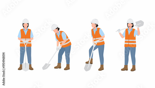 Four illustrations of a construction worker in safety gear, demonstrating various actions with a shovel, including digging and holding.