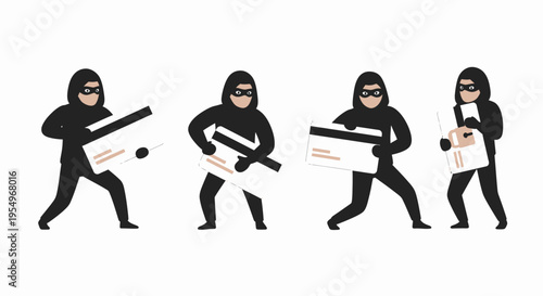 Four masked burglars in black outfits holding oversized credit cards, depicting financial fraud and theft.
