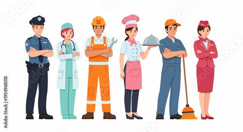 Six diverse cartoon characters representing various professions and occupations, standing in a line.