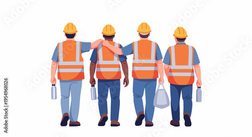 Four construction workers in hard hats and safety vests walking together, seen from behind, showing teamwork and camaraderie.