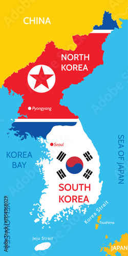 Background of administrative map of South Korea and North Korea. Korea Bay. Territorial conflict