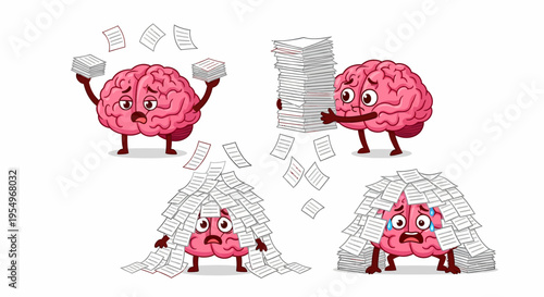 A cartoon brain character experiencing information overload and stress from an overwhelming amount of paperwork, depicted in four different stages of being buried under documents.