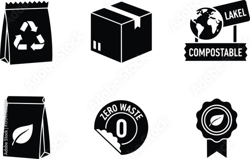 Vector art coloring book page compostable packaging icons set close up line art recyclable bag cardboard box zero waste seal leaf badge simple minimal flat outline