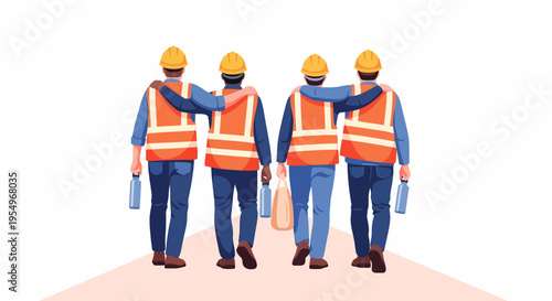 Four construction workers in hard hats and safety vests walking together, arms around shoulders.