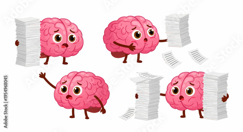 Cartoon brains overwhelmed by stacks of paperwork, illustrating stress and information overload.