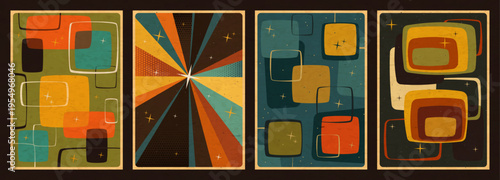 1950s Illustrations Vector Template Set. Mid Century Modern Style Posters, 50s Templates for Retro Party, Event Poster, Atomic Age Style, Space Age Design, Abstract Shapes, 1950s Colors, Aged Paper Te