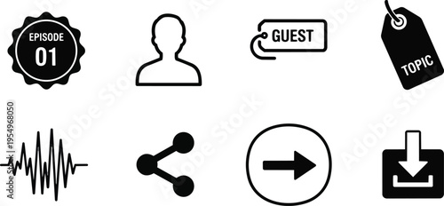 Vector icon sheet close up podcast app icons for coloring book simple line art user guest tag sound share download arrow badge circle minimalist black outline