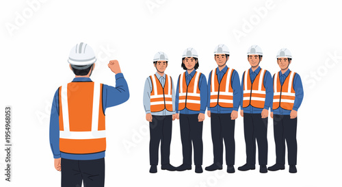 Construction supervisor addressing a team of workers in safety gear.