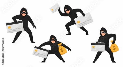 Cartoon illustration of multiple masked thieves stealing credit cards and money bags, representing financial crime.