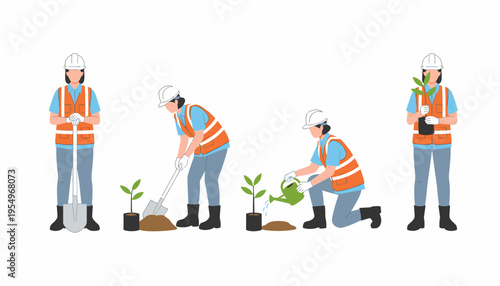 Step-by-step illustration of a person planting a tree, including digging, placing the sapling, and watering it.