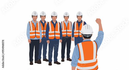 A group of construction workers in safety gear, with one worker raising a fist in a gesture of leadership or motivation.