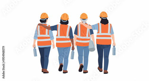 Four women construction workers walking together, wearing hard hats and safety vests, carrying water bottles.