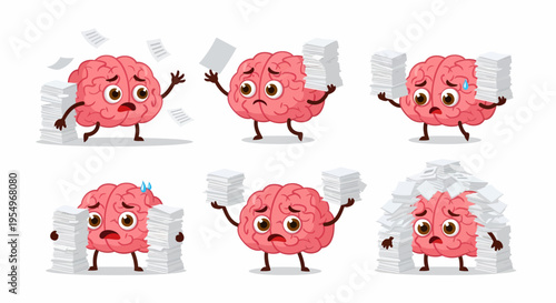 Cartoon brains overwhelmed by stacks of paperwork, illustrating stress, anxiety, and information overload in various poses.