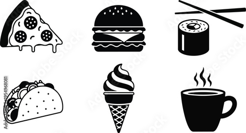Minimalist vector art close up six food icons pizza burger sushi taco ice cream coffee arranged for coloring book black and white line art simple outlines
