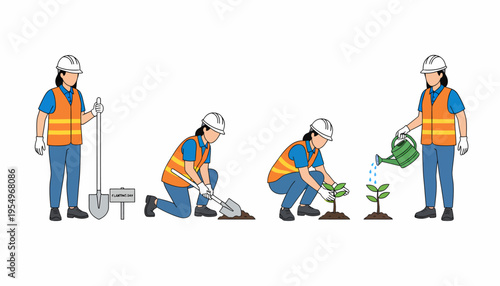 A step-by-step illustration of a person planting a tree, showing digging, placing the sapling, and watering it.
