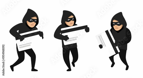 Three masked burglars in black hoodies stealing large credit cards, depicting financial fraud.