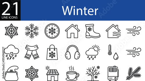 Winter weather seasonal collection, minimalist outline style, cold climate, snow, festive holidays, nature, and recreation