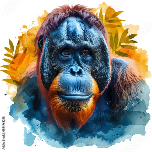 Orangutan, vector watercolor clipart with soft pastel strokes, isolated on a white background.
