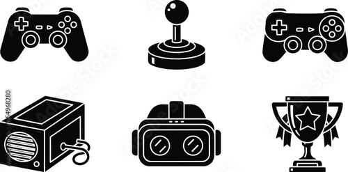 Coloring book vector art set of six gaming icons including gamepad joystick vr headset console plug and winner trophy in bold outline closeup frontal simple style