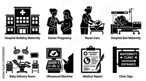 Maternity & Childbirth Vector Icons – Hospital, Ultrasound, Clinic & Care