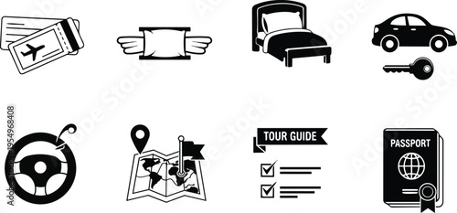 Vector travel icon set coloring book simple monochrome outline design nine travel symbols passport plane ticket map steering wheel car key bed pillow tour guide checklist